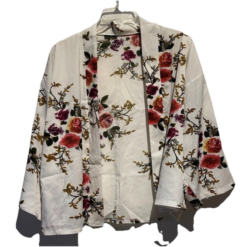 Floral Print Open-Front Kimono Cardigan Jacket One Size Fits Most 3/4 Sleeve